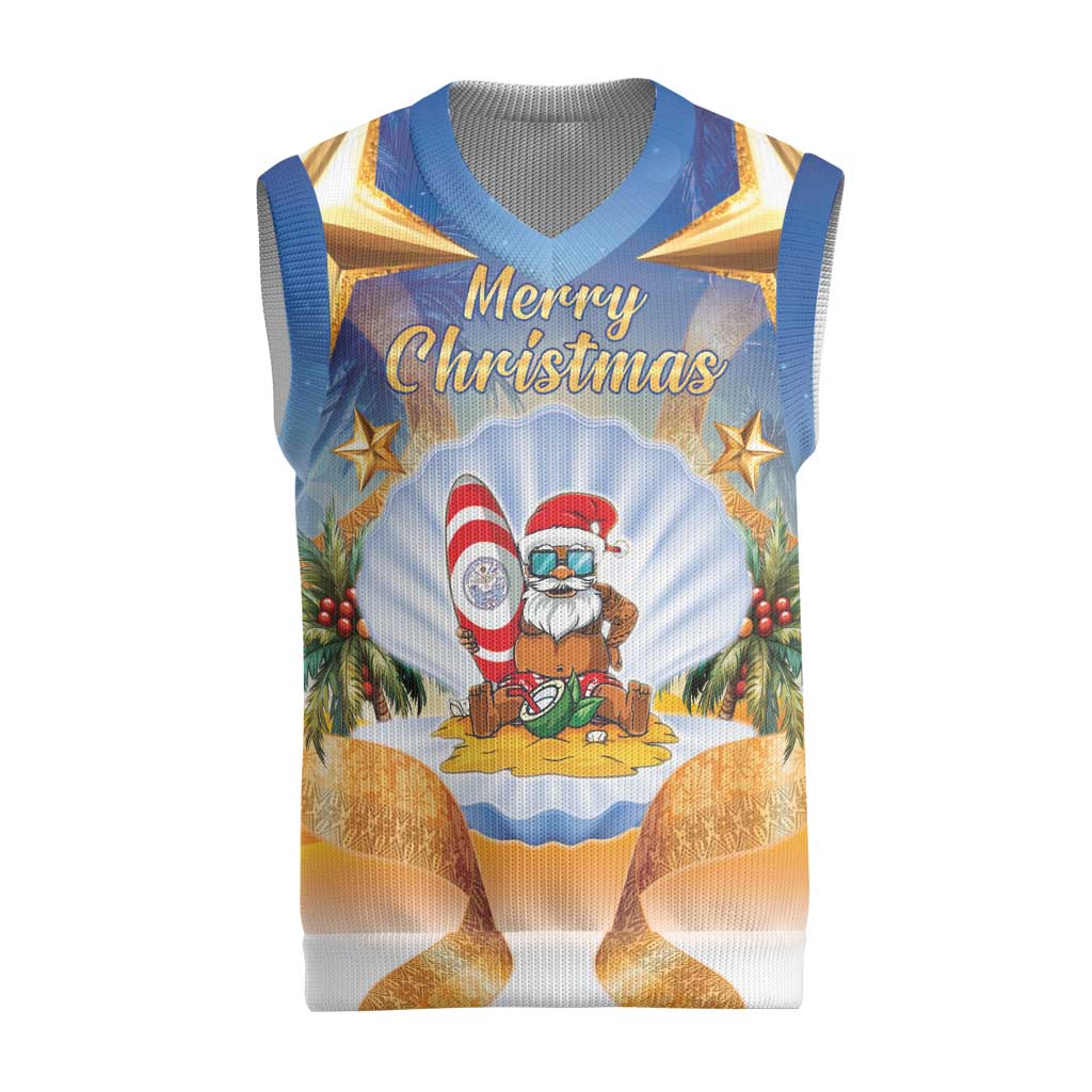 Marshall Islands Christmas Knitted V-Neck Vest Seashell Santa Beach Vibes LT05 Navy - Polynesian Pride