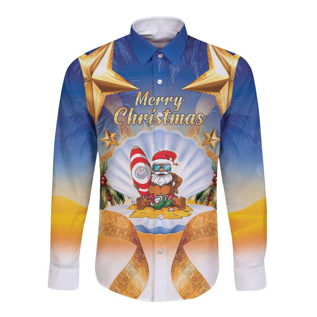 Marshall Islands Christmas Long Sleeve Button Shirt Seashell Santa Beach Vibes LT05 Unisex Navy - Polynesian Pride