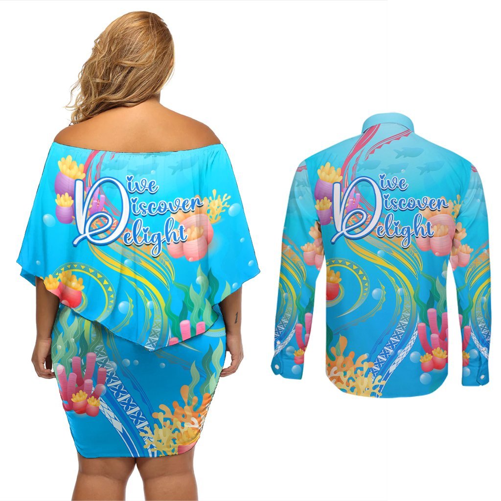 Under The Sea Scuba Diving Couples Matching Off Shoulder Short Dress and Long Sleeve Button Shirt Polynesian Pattern LT05 - Polynesian Pride
