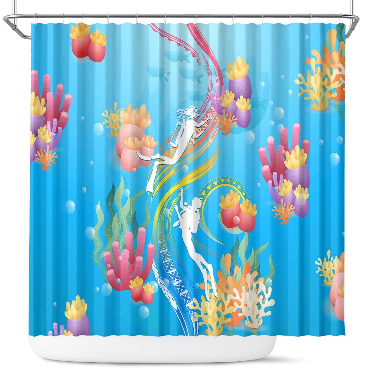 Under The Sea Scuba Diving Shower Curtain Polynesian Pattern LT05 Blue - Polynesian Pride