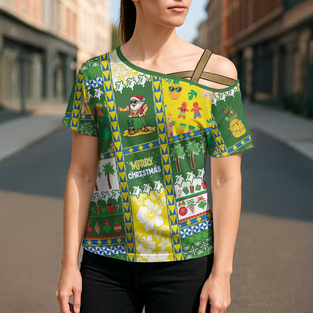 Pitcairn Islands Christmas Cross Shoulder Shirt Festive Beach Vibes LT05 - Polynesian Pride