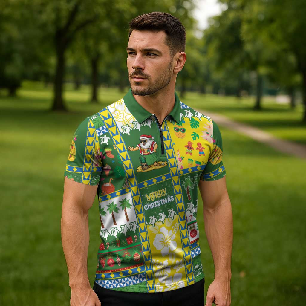 Pitcairn Islands Christmas Zipper Polo Shirt Festive Beach Vibes LT05 - Polynesian Pride