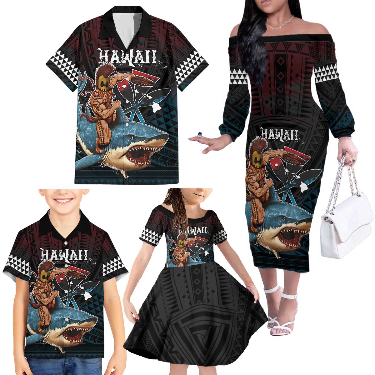 Hawaii Ikaika Family Matching Off The Shoulder Long Sleeve Dress and Hawaiian Shirt Hawaiian Mythic Koa Tribal Warrior