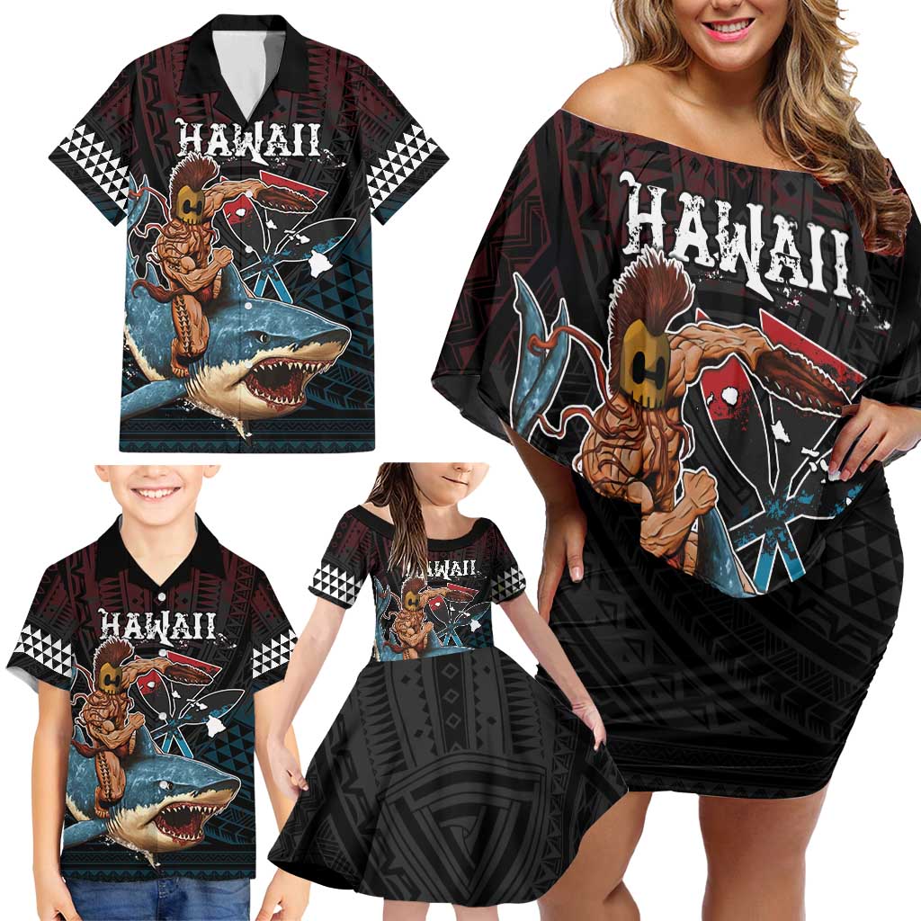 Hawaii Ikaika Family Matching Off Shoulder Short Dress and Hawaiian Shirt Hawaiian Mythic Koa Tribal Warrior