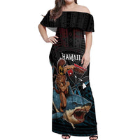 Hawaii Ikaika Off Shoulder Maxi Dress Hawaiian Mythic Koa Tribal Warrior LT05 Women Black - Polynesian Pride