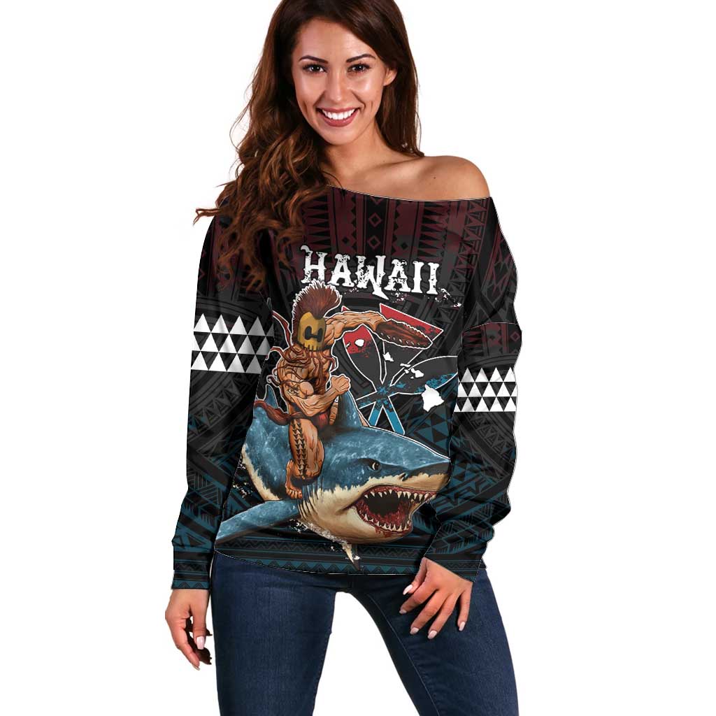 Hawaii Ikaika Off Shoulder Sweater Hawaiian Mythic Koa Tribal Warrior LT05 Women Black - Polynesian Pride