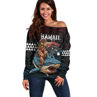 Hawaii Ikaika Off Shoulder Sweater Hawaiian Mythic Koa Tribal Warrior LT05 Women Black - Polynesian Pride