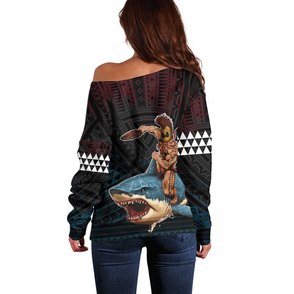 Hawaii Ikaika Off Shoulder Sweater Hawaiian Mythic Koa Tribal Warrior LT05 - Polynesian Pride