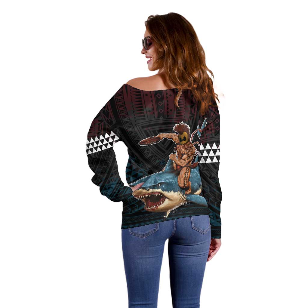 Hawaii Ikaika Off Shoulder Sweater Hawaiian Mythic Koa Tribal Warrior LT05 - Polynesian Pride