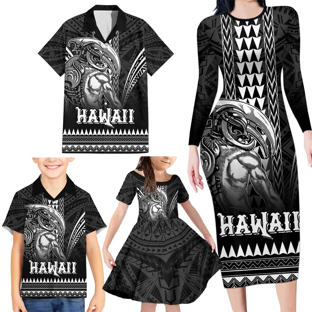 Hawaiian Ikaika Warrior Family Matching Long Sleeve Bodycon Dress and Hawaiian Shirt Tribal Pattern