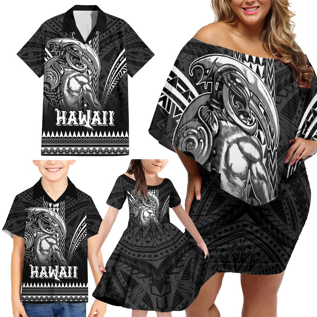 Hawaiian Ikaika Warrior Family Matching Off Shoulder Short Dress and Hawaiian Shirt Tribal Pattern