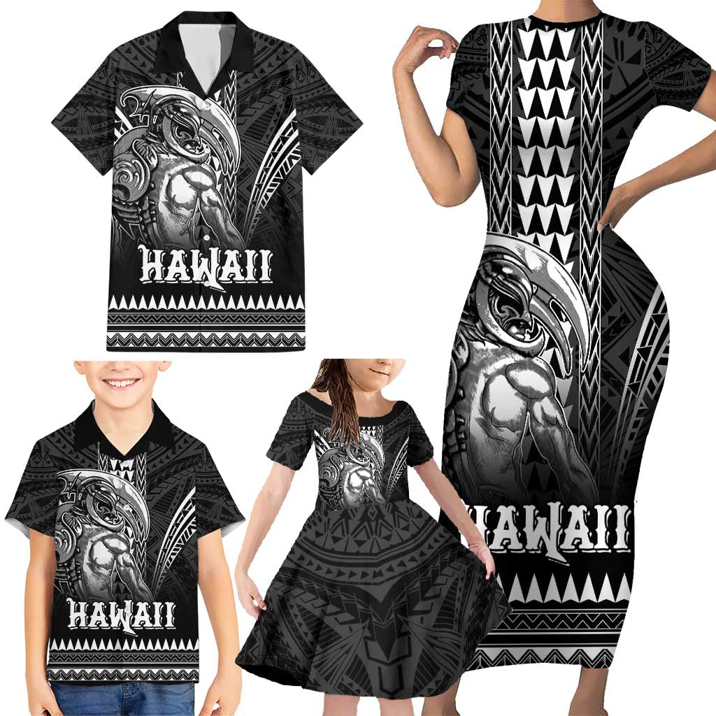 Hawaiian Ikaika Warrior Family Matching Short Sleeve Bodycon Dress and Hawaiian Shirt Tribal Pattern