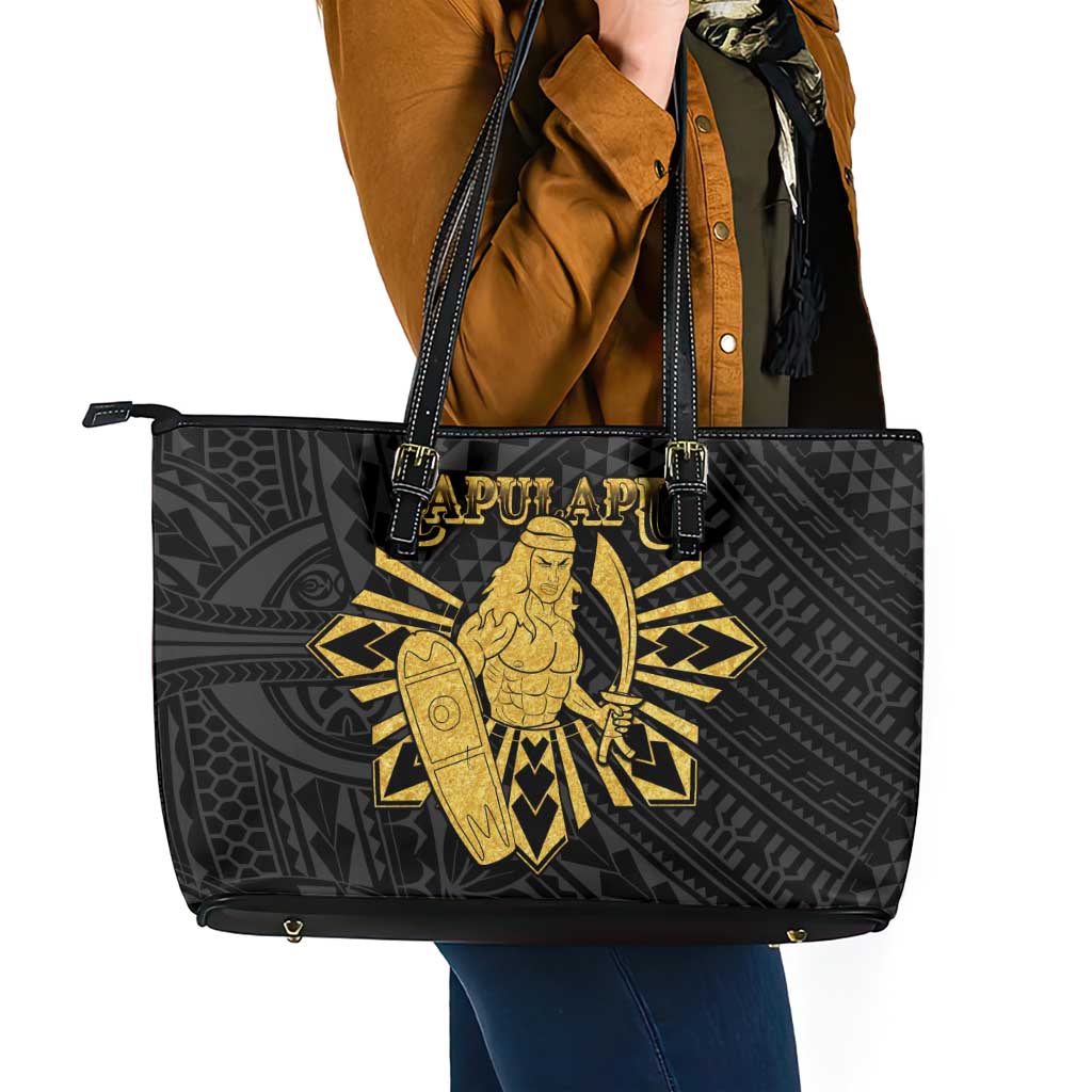 Philippines Tribal Leather Tote Bag King Lapu Lapu Gold Version LT05 - Polynesian Pride