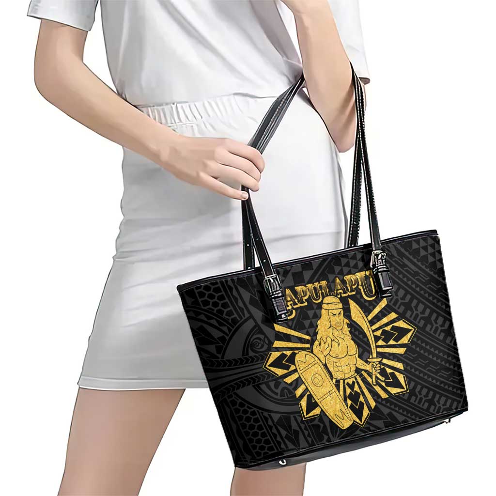 Philippines Tribal Leather Tote Bag King Lapu Lapu Gold Version LT05 - Polynesian Pride