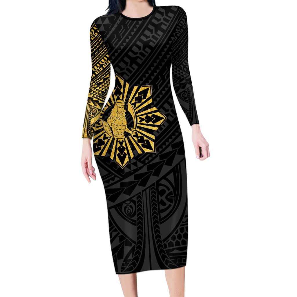 Philippines Tribal Long Sleeve Bodycon Dress King Lapu Lapu Gold Version LT05 Long Dress Gold - Polynesian Pride