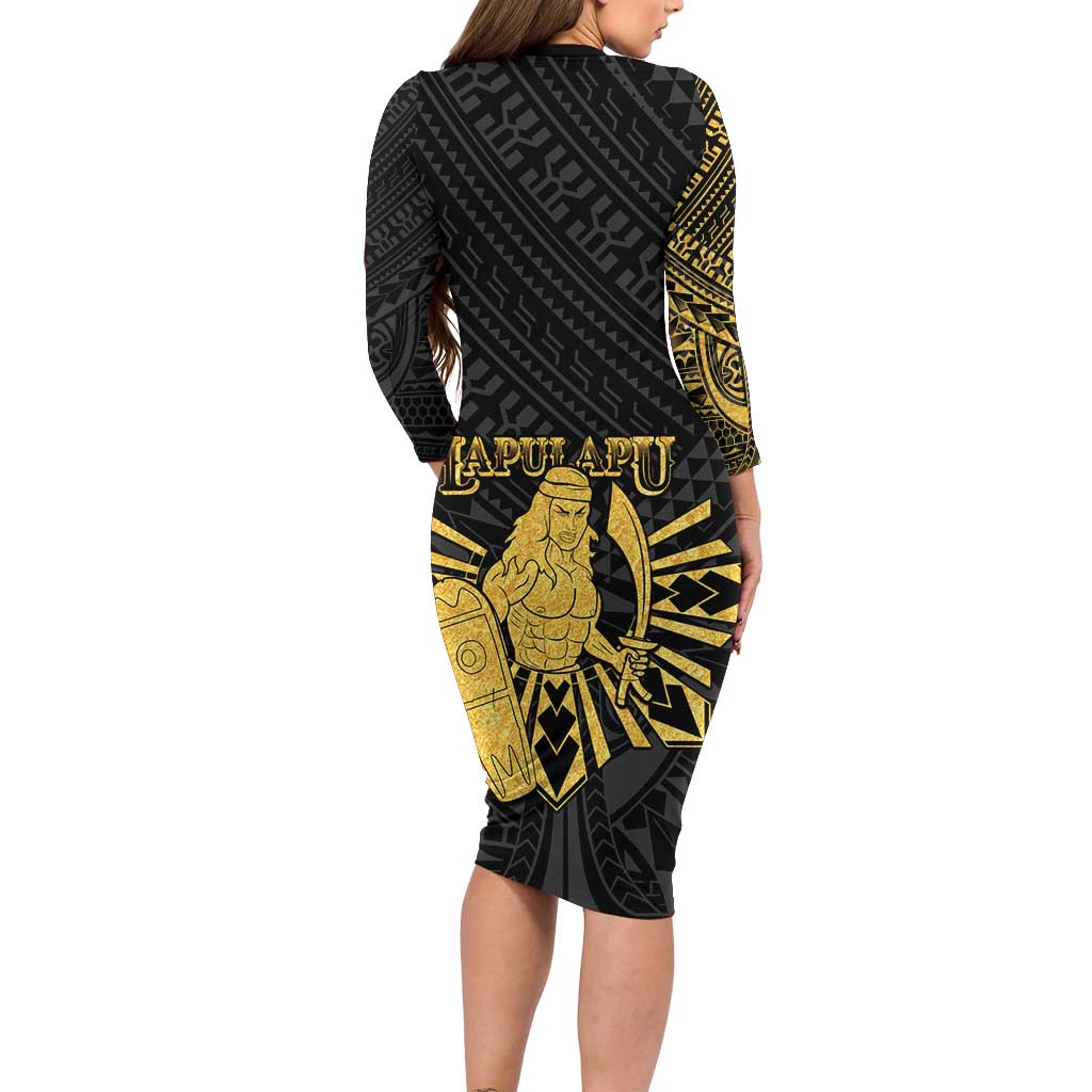 Philippines Tribal Long Sleeve Bodycon Dress King Lapu Lapu Gold Version LT05 - Polynesian Pride