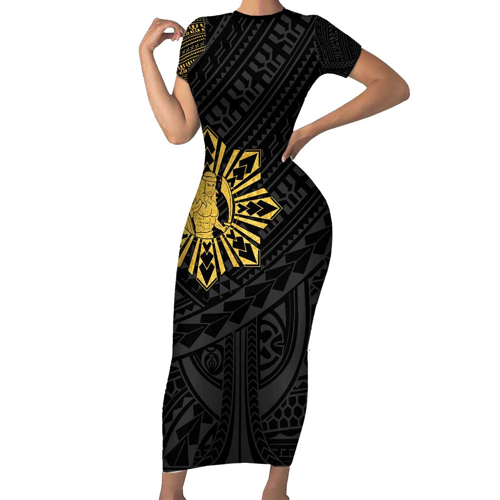 Philippines Tribal Short Sleeve Bodycon Dress King Lapu Lapu Gold Version LT05 Long Dress Gold - Polynesian Pride