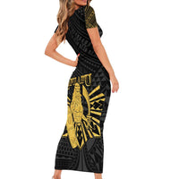Philippines Tribal Short Sleeve Bodycon Dress King Lapu Lapu Gold Version LT05 - Polynesian Pride