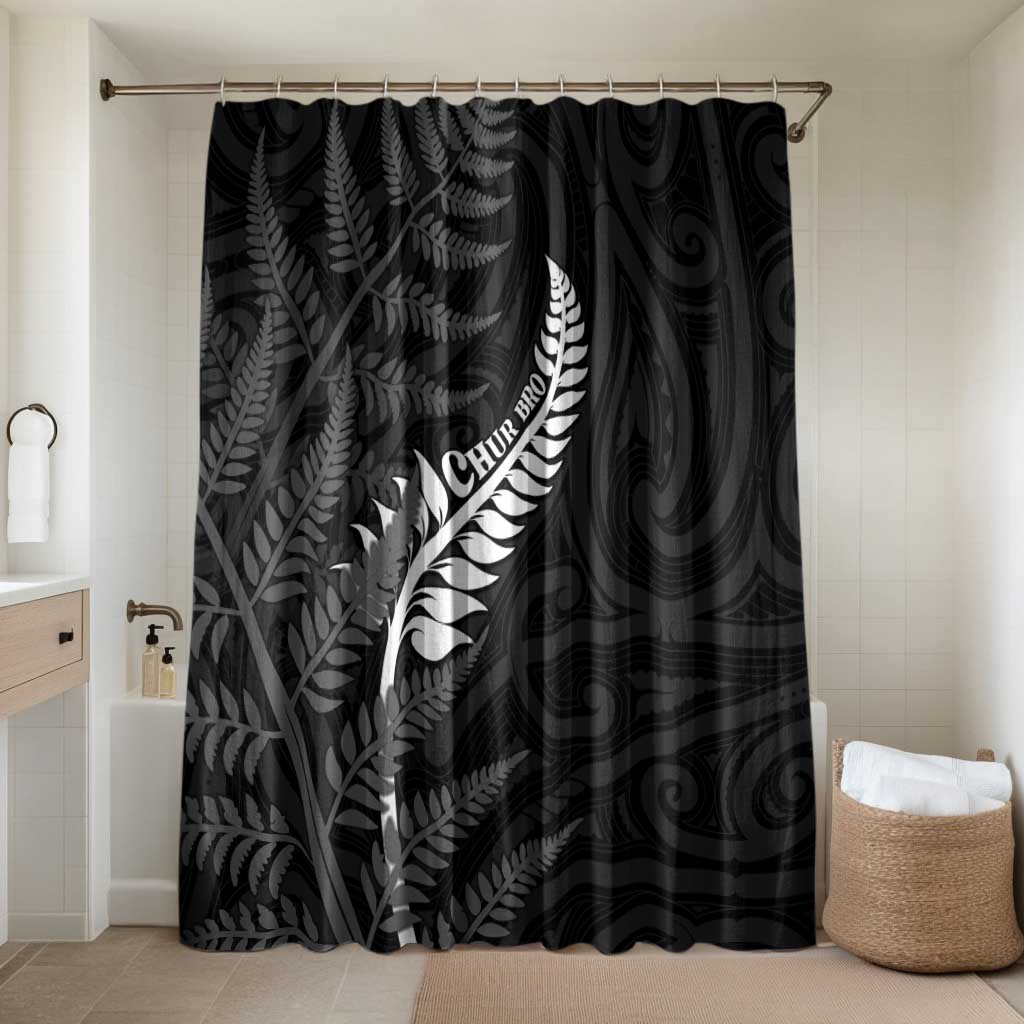 New Zealand Chur Bro Bathroom Set Maori Koru With Silver Fern LT05 Shower Curtain Only Black - Polynesian Pride