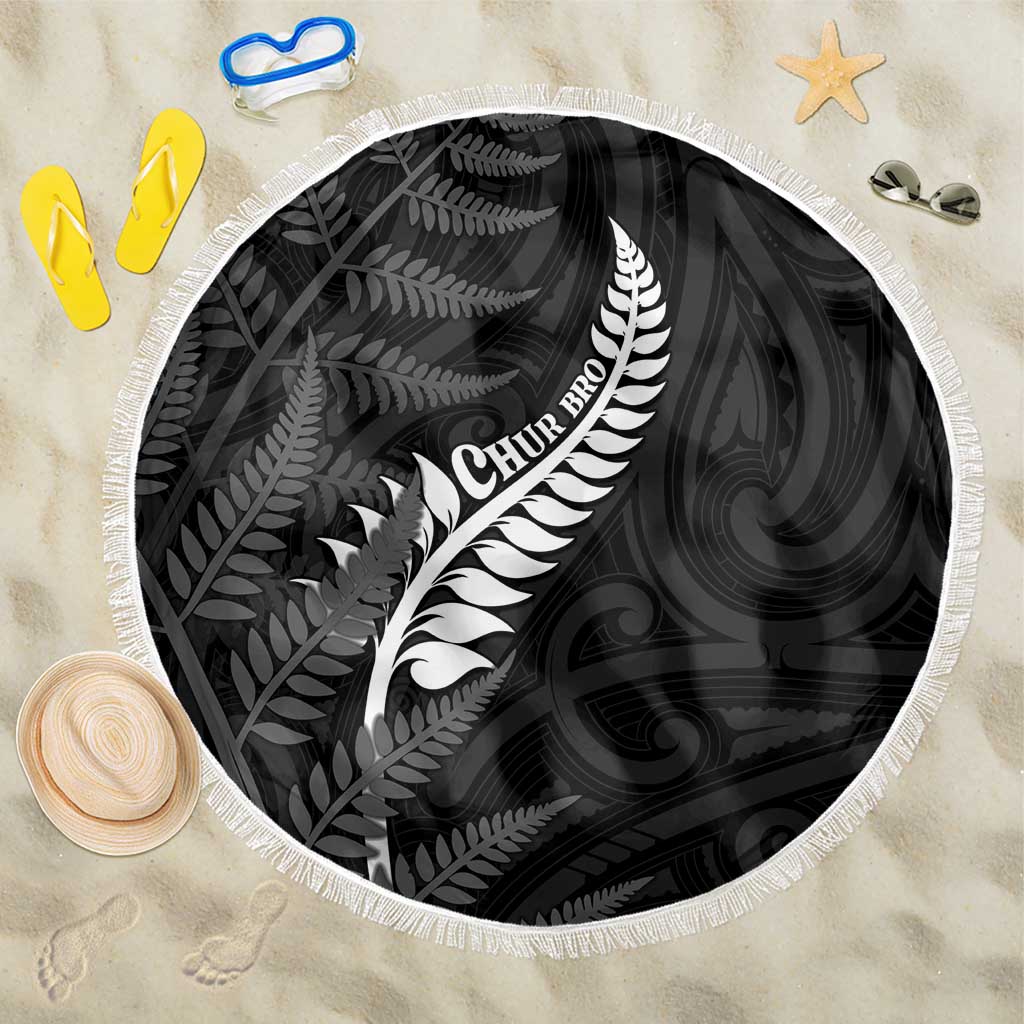 New Zealand Chur Bro Beach Blanket Maori Koru With Silver Fern LT05 One Size 150cm Black - Polynesian Pride