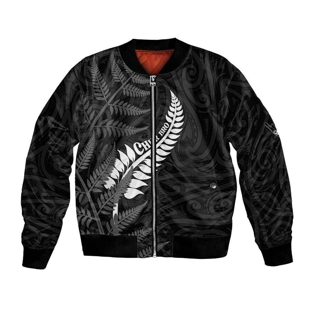Personalised New Zealand Chur Bro Bomber Jacket Maori Koru With Silver Fern LT05 Unisex Black - Polynesian Pride
