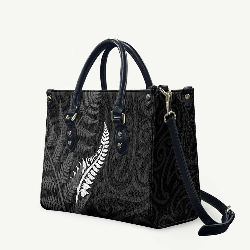 New Zealand Chur Bro Leather Bag Maori Koru With Silver Fern LT05 Black - Polynesian Pride