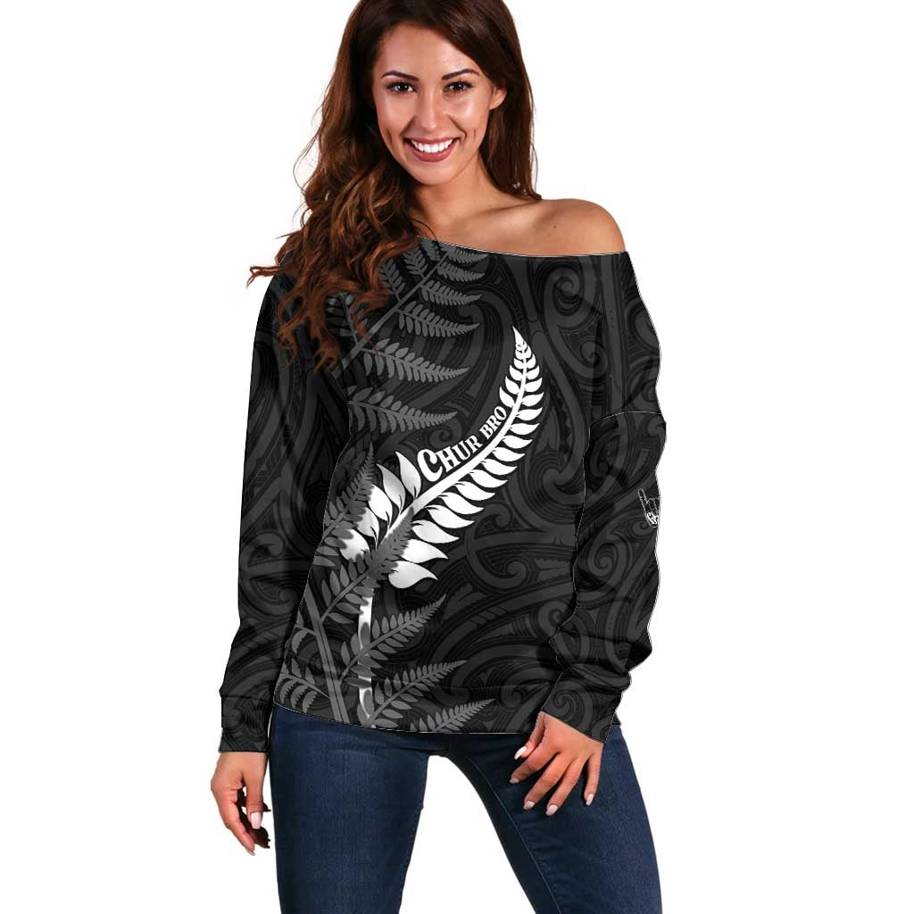 Personalised New Zealand Chur Bro Off Shoulder Sweater Maori Koru With Silver Fern LT05 Women Black - Polynesian Pride