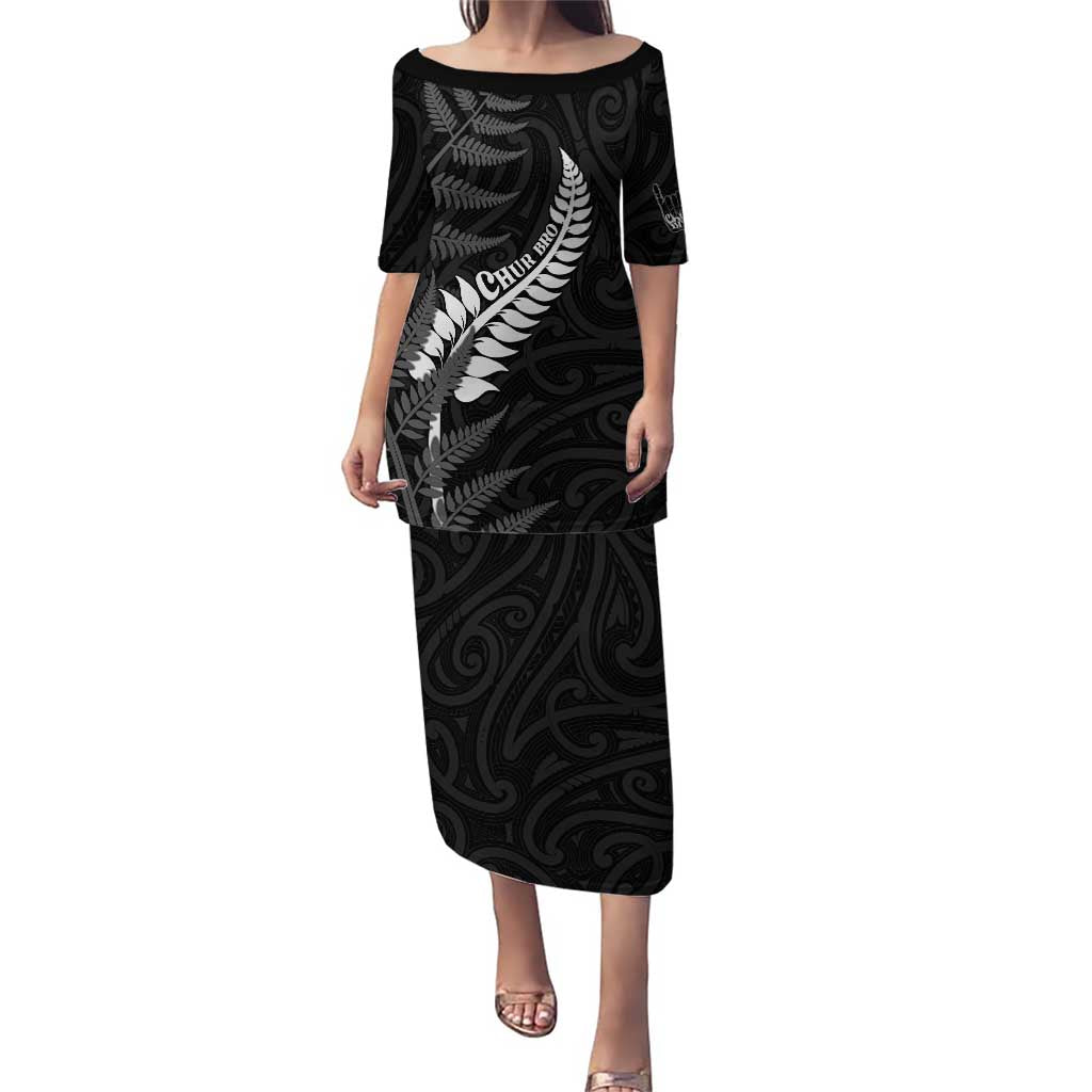 Personalised New Zealand Chur Bro Puletasi Maori Koru With Silver Fern LT05 Long Dress Black - Polynesian Pride