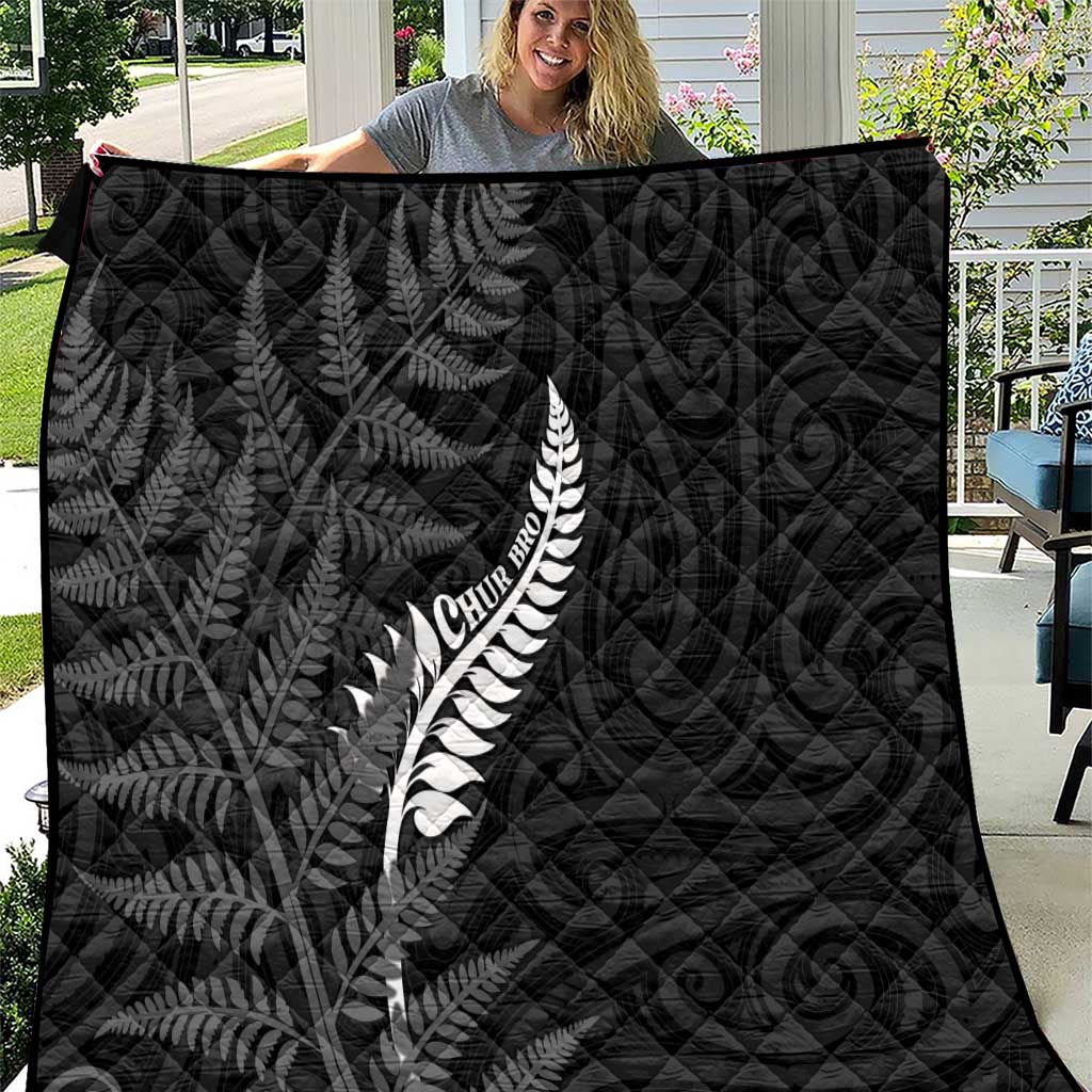 New Zealand Chur Bro Quilt Maori Koru With Silver Fern LT05 Black - Polynesian Pride