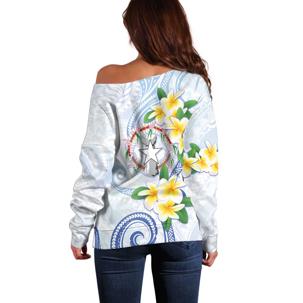 Northern Mariana Islands Chamorro Off Shoulder Sweater Plumeria Curves Style White Version LT05 - Polynesian Pride