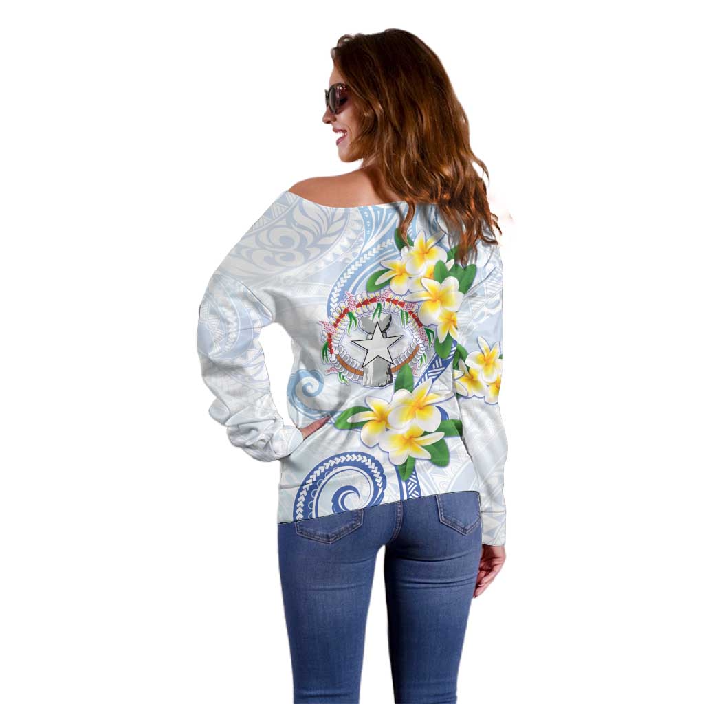 Northern Mariana Islands Chamorro Off Shoulder Sweater Plumeria Curves Style White Version LT05 - Polynesian Pride