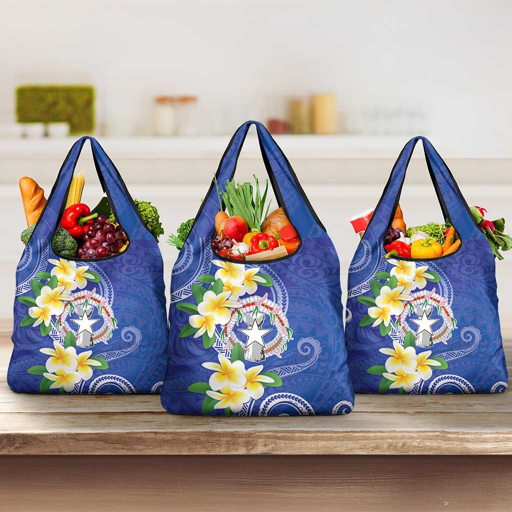 Northern Mariana Islands Chamorro Grocery Bag Plumeria Curves Style Navy Version LT05 3-pack One Size Navy - Polynesian Pride