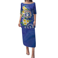 Northern Mariana Islands Chamorro Puletasi Plumeria Curves Style Navy Version LT05 Long Dress Navy - Polynesian Pride