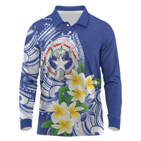 Northern Mariana Islands Long Sleeve Polo Shirt Polynesian Pattern With Frangipani LT05 Navy - Polynesian Pride