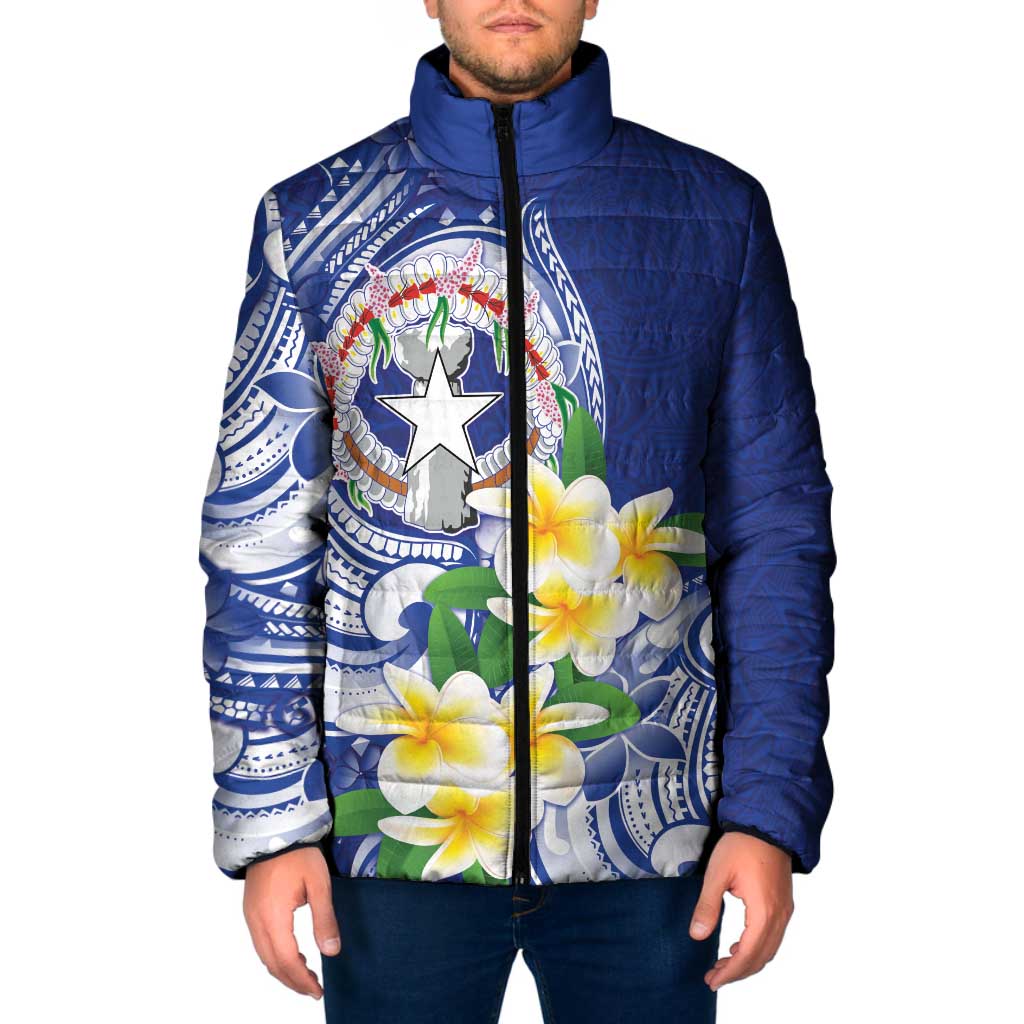 Northern Mariana Islands Padded Jacket Polynesian Pattern With Frangipani LT05 Men Navy - Polynesian Pride