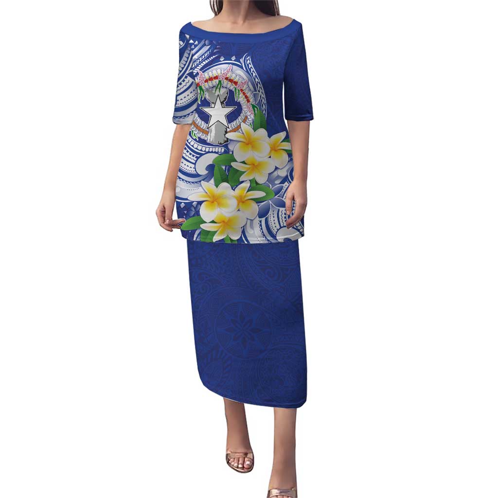 Northern Mariana Islands Puletasi Polynesian Pattern With Frangipani LT05 Long Dress Navy - Polynesian Pride