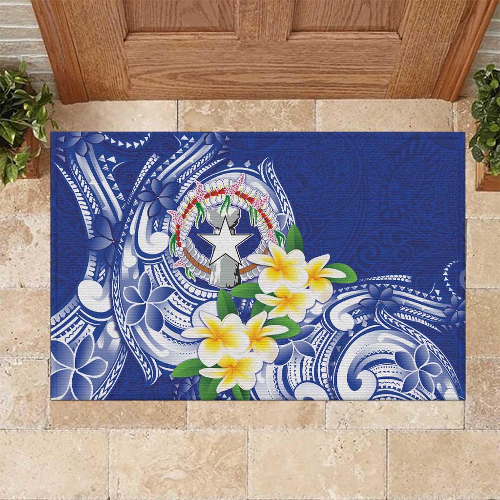 Northern Mariana Islands Rubber Doormat Polynesian Pattern With Frangipani LT05 Navy - Polynesian Pride