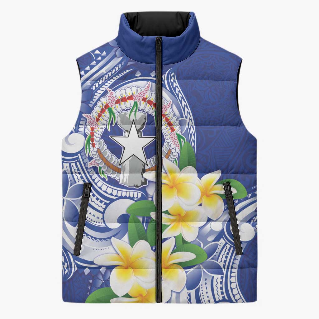 Northern Mariana Islands Sleeveless Puffer Jacket Polynesian Pattern With Frangipani LT05 Unisex Navy - Polynesian Pride