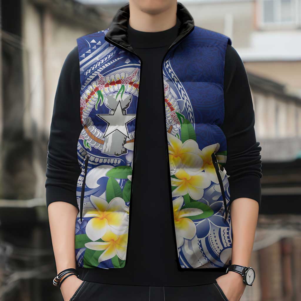 Northern Mariana Islands Sleeveless Puffer Jacket Polynesian Pattern With Frangipani LT05 - Polynesian Pride