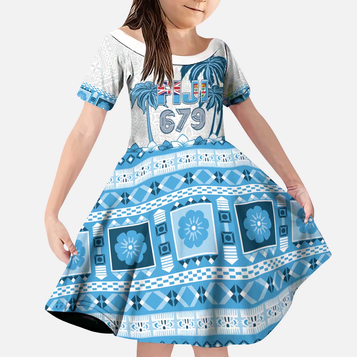Fiji 679 Constitution Day Kid Short Sleeve Dress Fijian Tapa Pattern LT05 KID Blue - Polynesian Pride