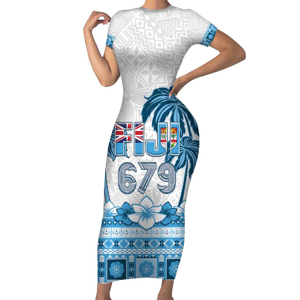 Fiji 679 Constitution Day Short Sleeve Bodycon Dress Fijian Tapa Pattern LT05 Long Dress Blue - Polynesian Pride