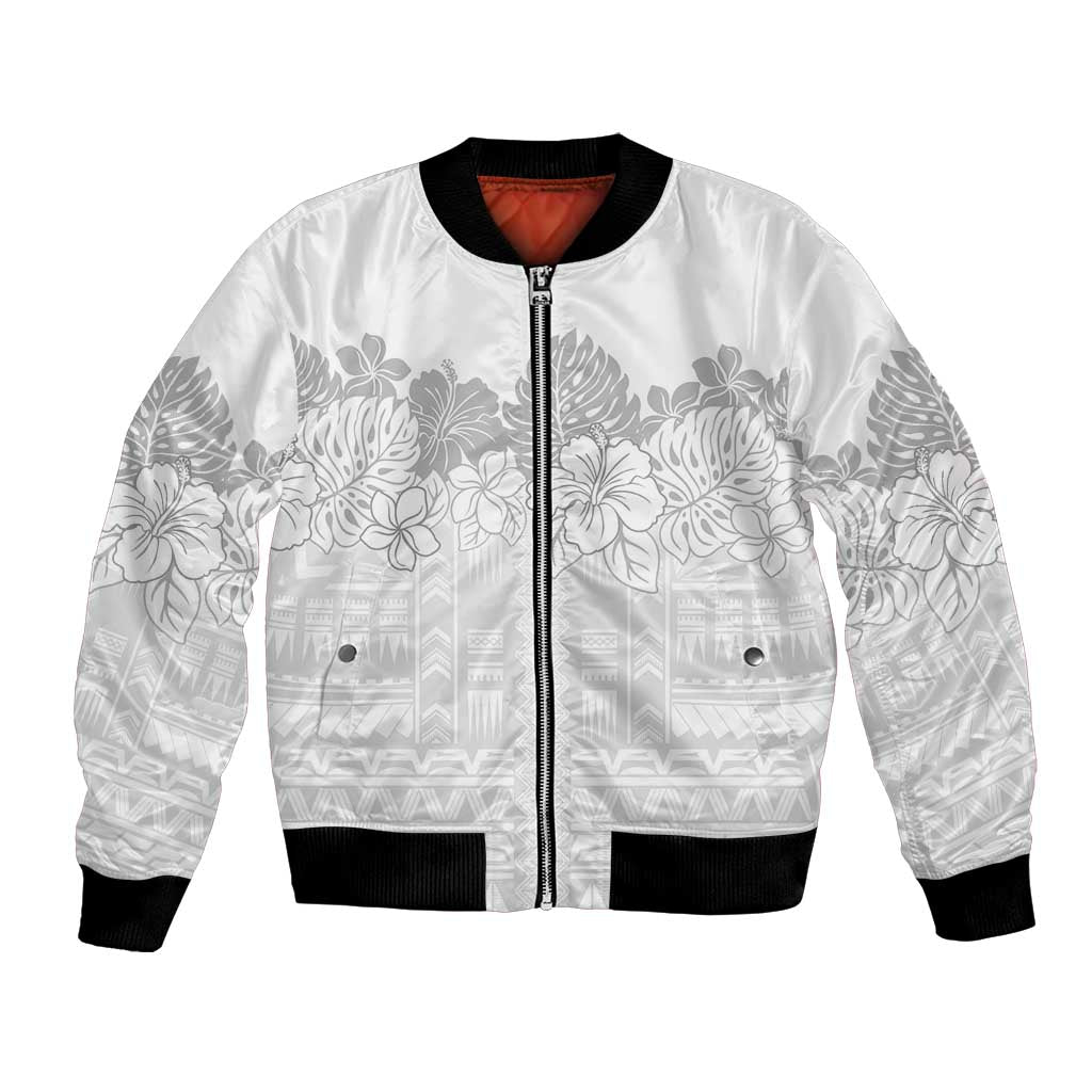 Samoa Lotu Tamaiti Bomber Jacket White Sunday Polynesian Pattern With Tropical Flowers LT05 Unisex White - Polynesian Pride