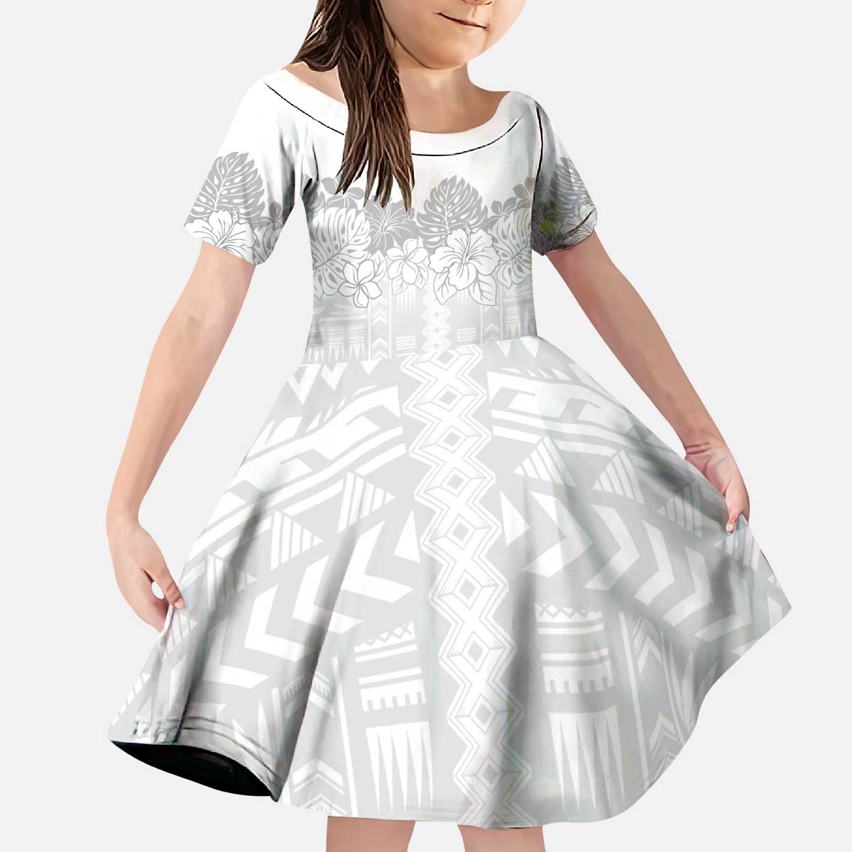 Samoa Lotu Tamaiti Kid Short Sleeve Dress White Sunday Polynesian Pattern With Tropical Flowers LT05 KID White - Polynesian Pride