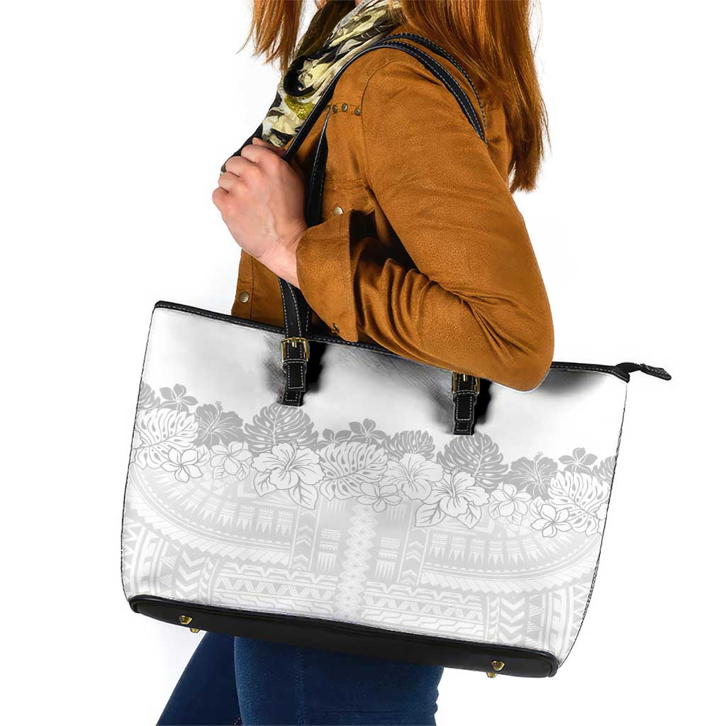 Samoa Lotu Tamaiti Leather Tote Bag White Sunday Polynesian Pattern With Tropical Flowers LT05 White - Polynesian Pride