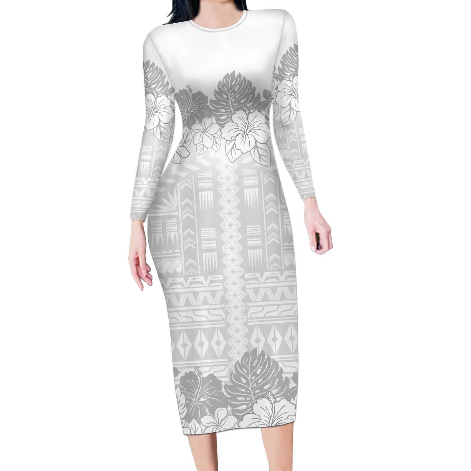 Samoa Lotu Tamaiti Long Sleeve Bodycon Dress White Sunday Polynesian Pattern With Tropical Flowers LT05 Long Dress White - Polynesian Pride