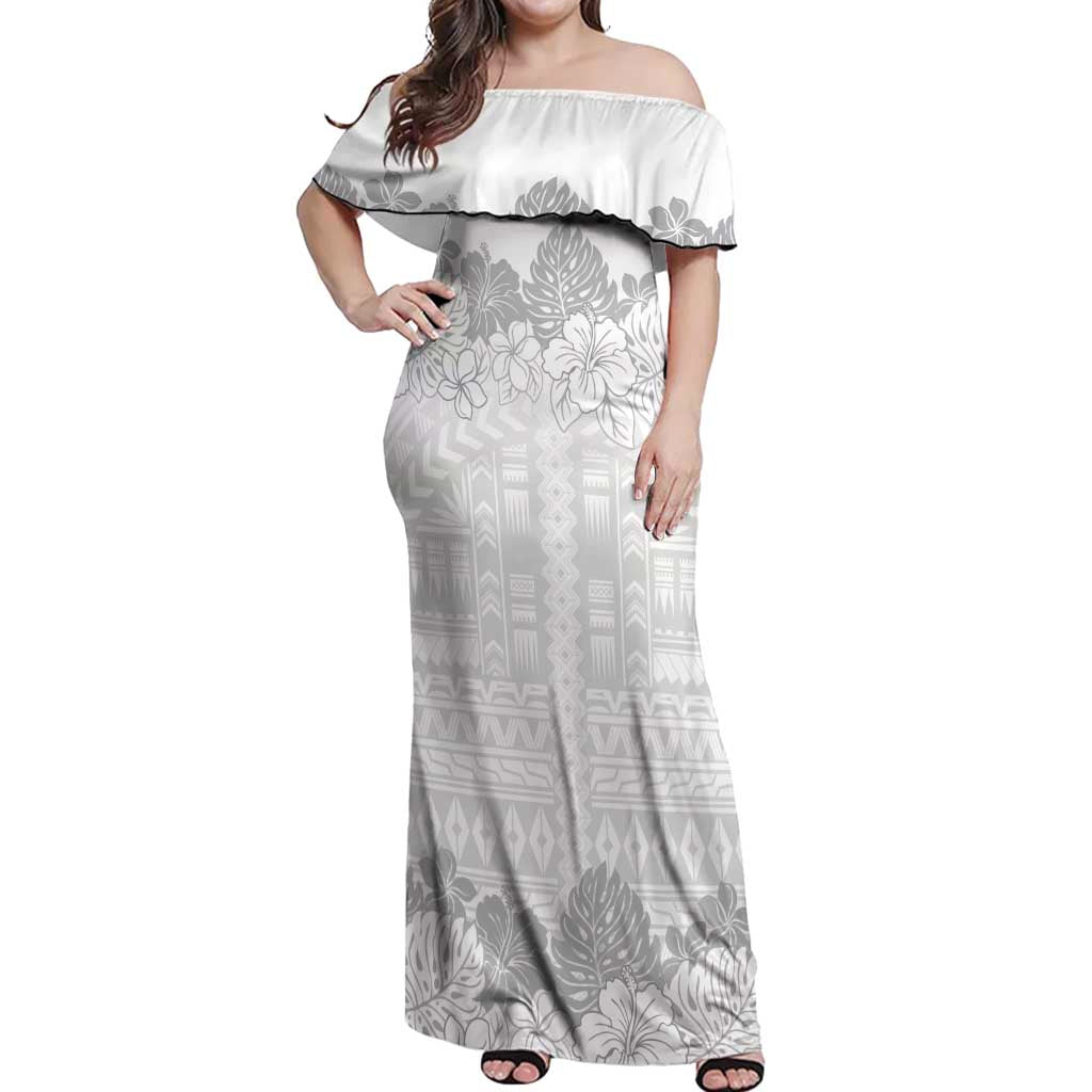 Samoa Lotu Tamaiti Off Shoulder Maxi Dress White Sunday Polynesian Pattern With Tropical Flowers LT05 Women White - Polynesian Pride