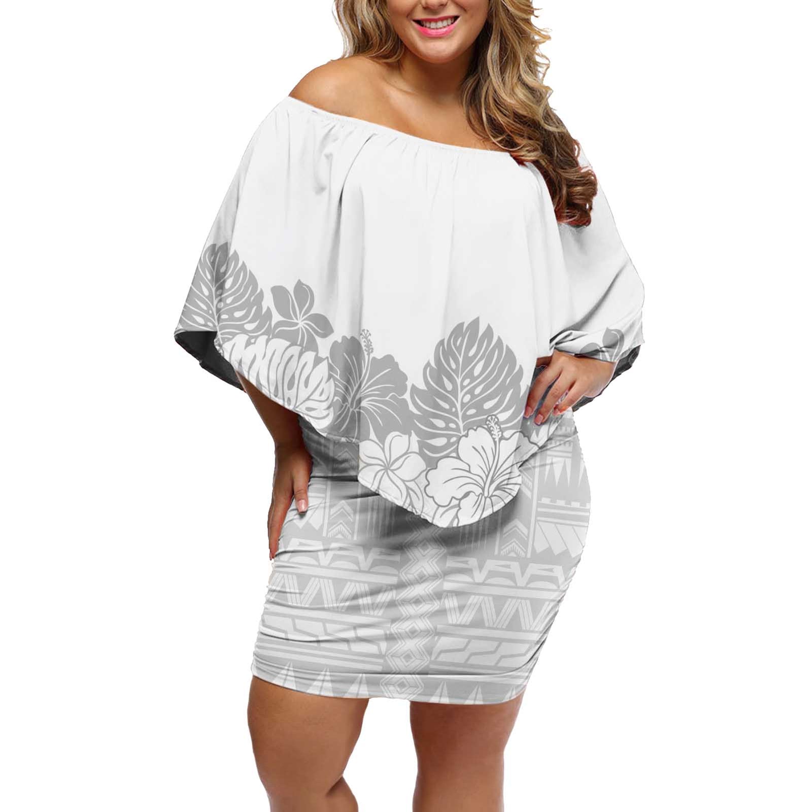 Samoa Lotu Tamaiti Off Shoulder Short Dress White Sunday Polynesian Pattern With Tropical Flowers LT05 Women White - Polynesian Pride