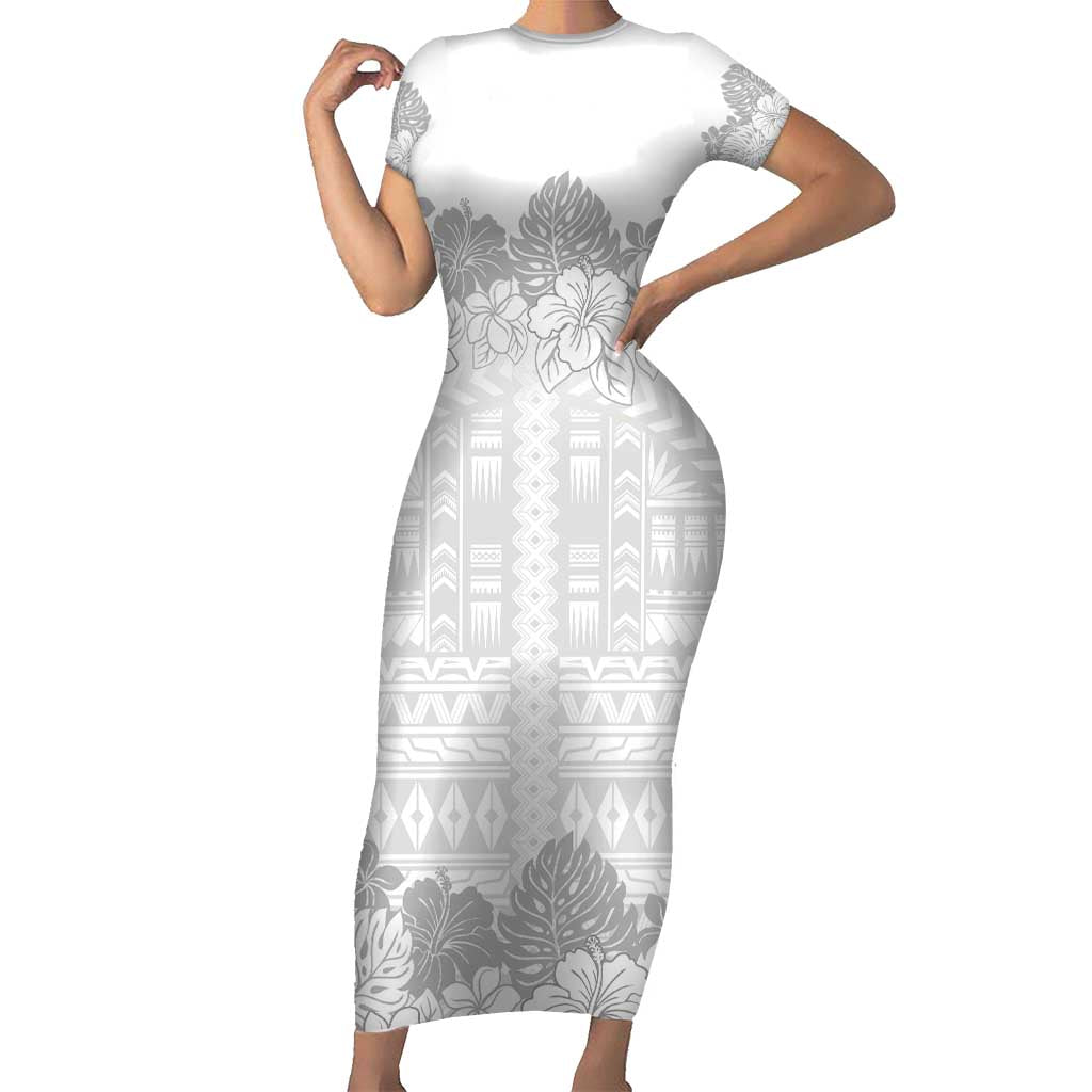 Samoa Lotu Tamaiti Short Sleeve Bodycon Dress White Sunday Polynesian Pattern With Tropical Flowers LT05 Long Dress White - Polynesian Pride