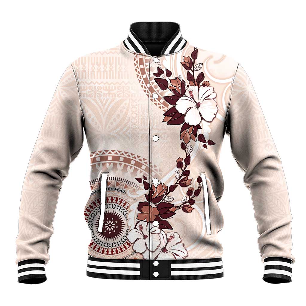 Bula Fiji Language Week Baseball Jacket Fijian Tapa Pattern With Tagimoucia Flower LT05 Unisex Beige - Polynesian Pride