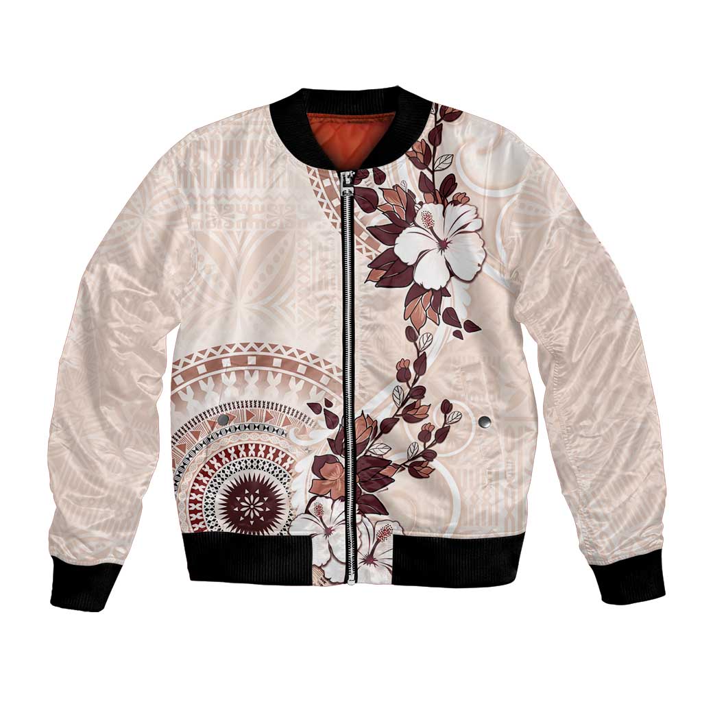 Bula Fiji Language Week Bomber Jacket Fijian Tapa Pattern With Tagimoucia Flower LT05 Unisex Beige - Polynesian Pride